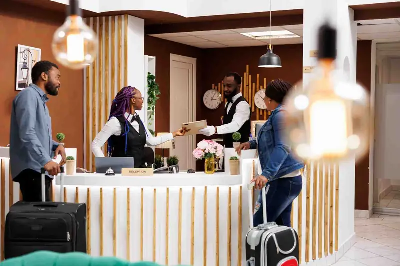 Guests with suitcases checking in at a hotel reception desk