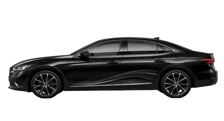 Black four-door saloon car, side view